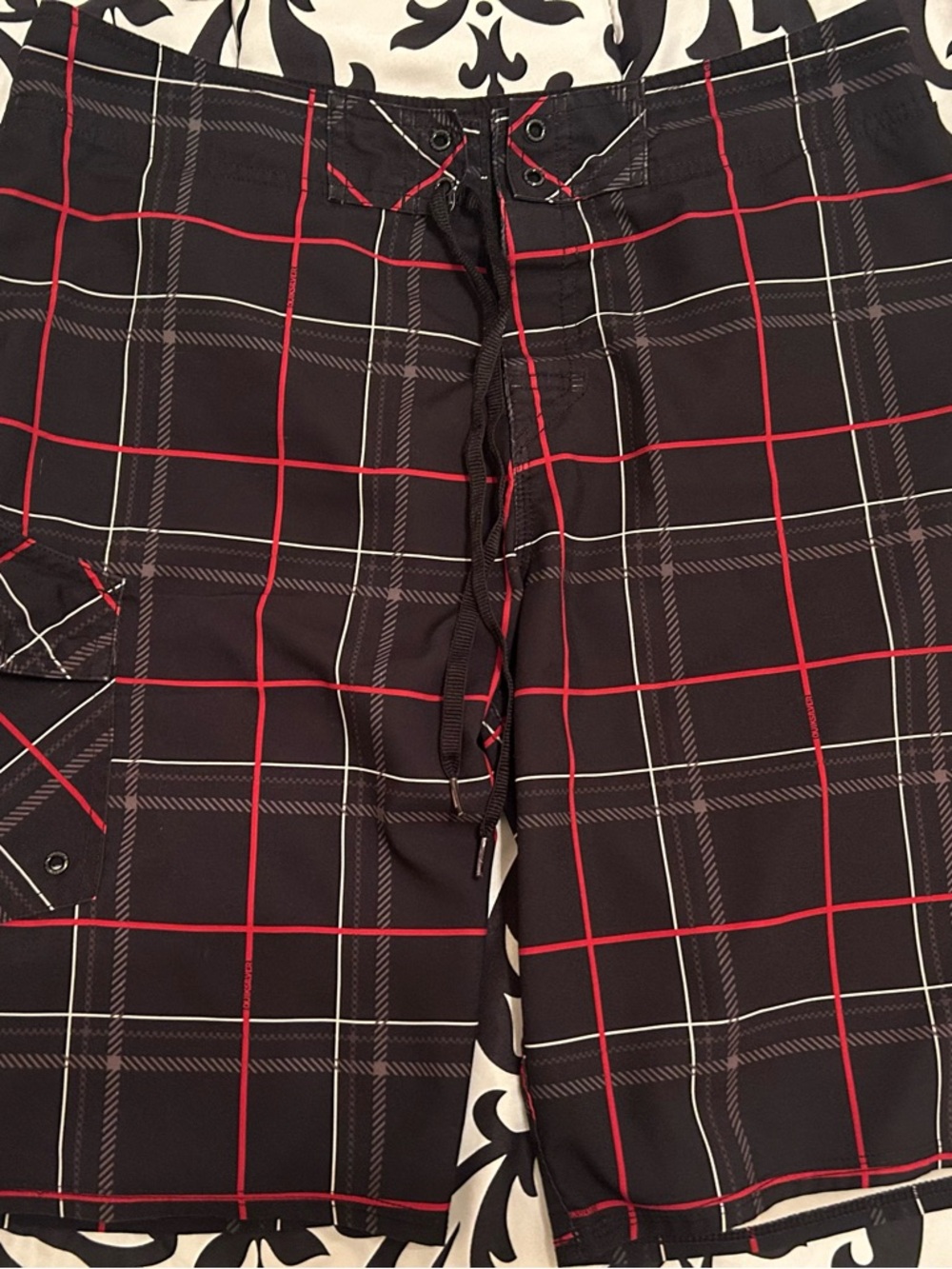 Quiksilver Black Board Shorts with Red & White Windowpane Plaid
